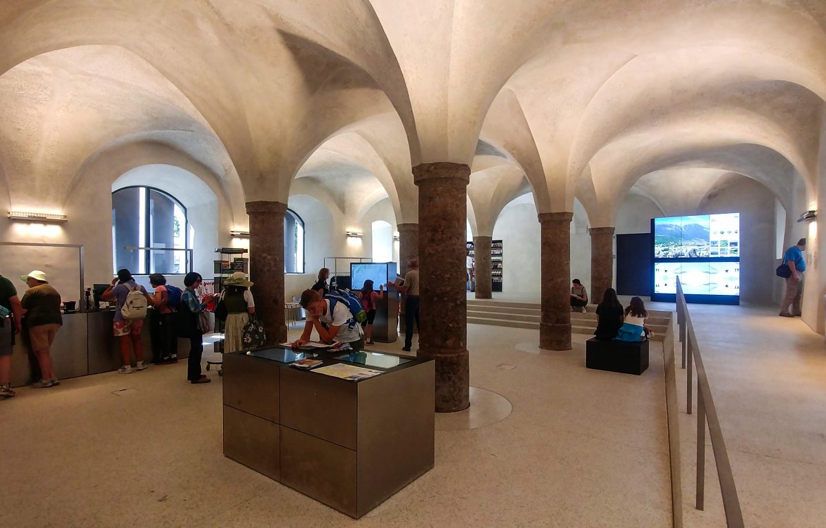 Modern touch screens and display walls offer information and experiences in the Innsbruck Information Center