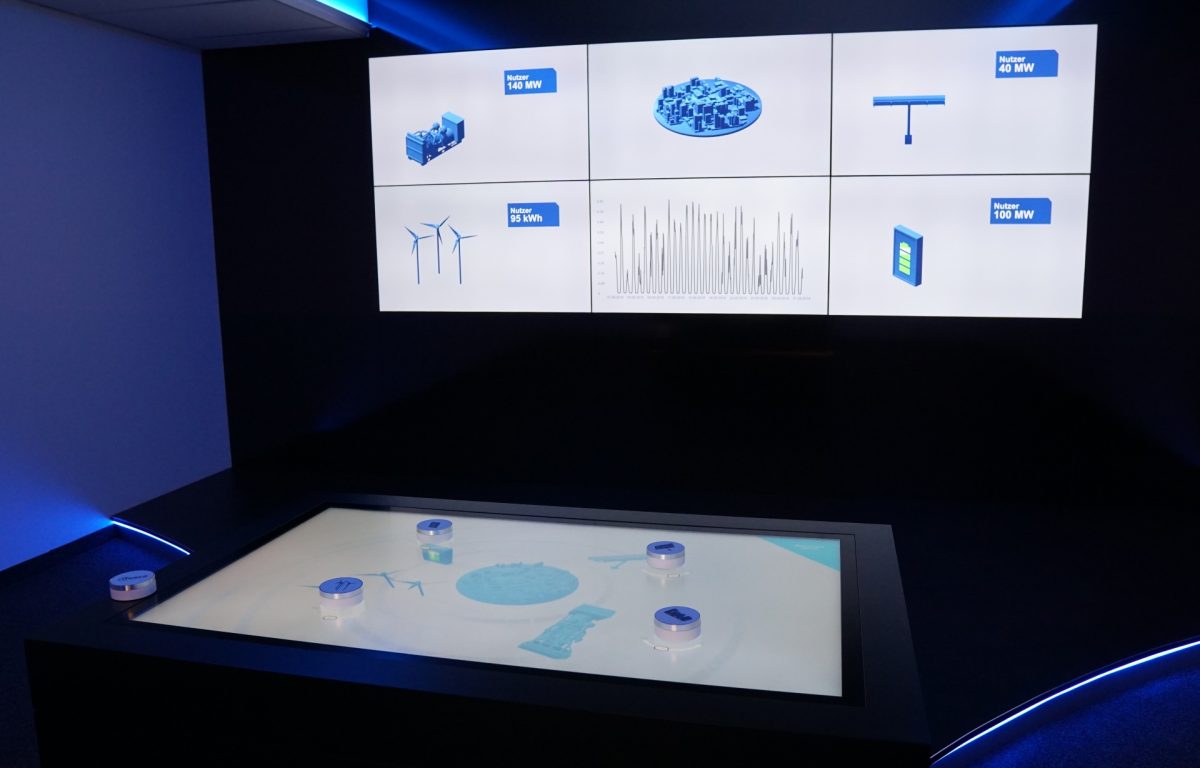 Screenwall is controlled by multitouch table and shows the forecast evaluation of the AI