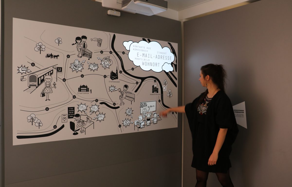 Interactive wall projection combines a print surface with multitouch and animated scenes