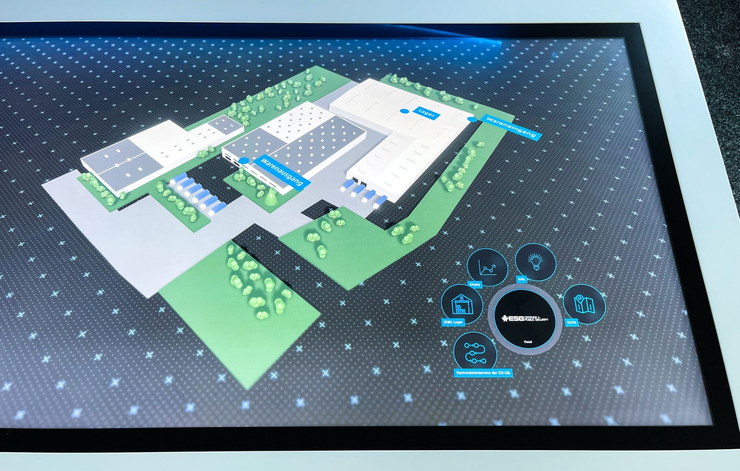 Interactive 3D multitouch software shows central warehouse