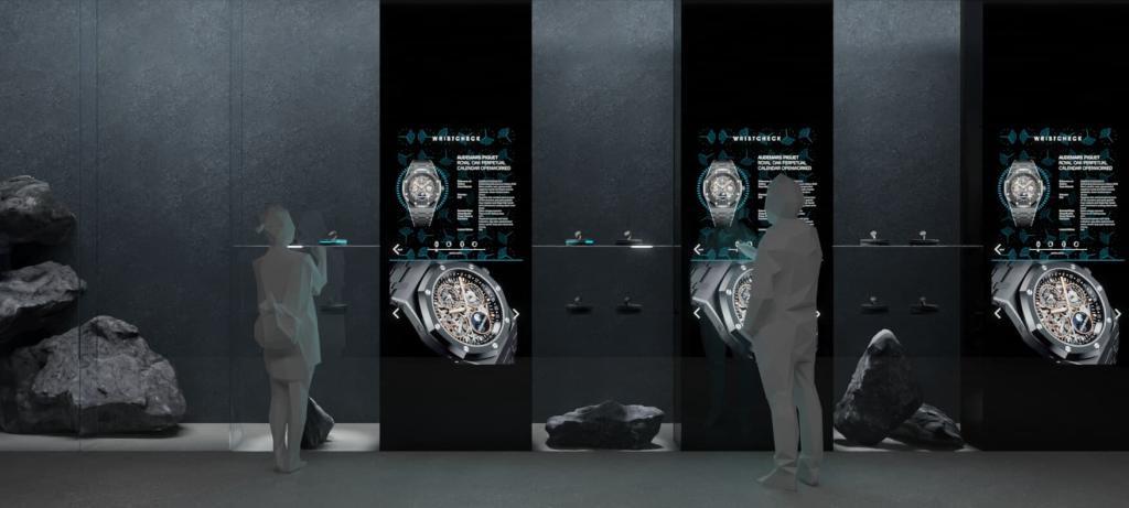 Rendering interactive shop window with screens and turntables