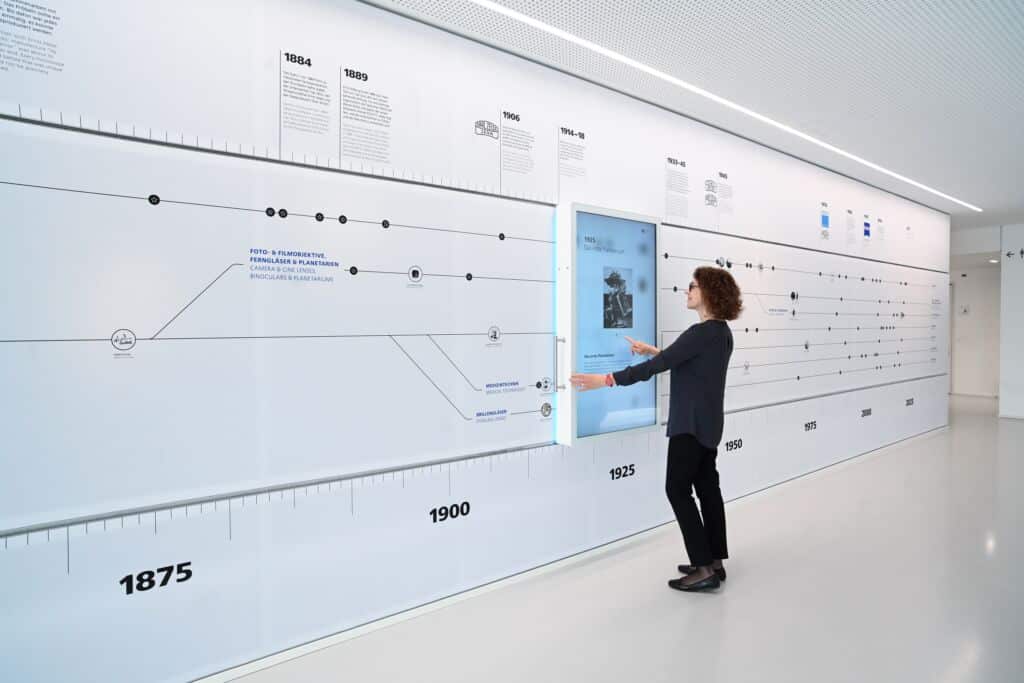 Interactive milestone wall in the company museum showcases history and innovation