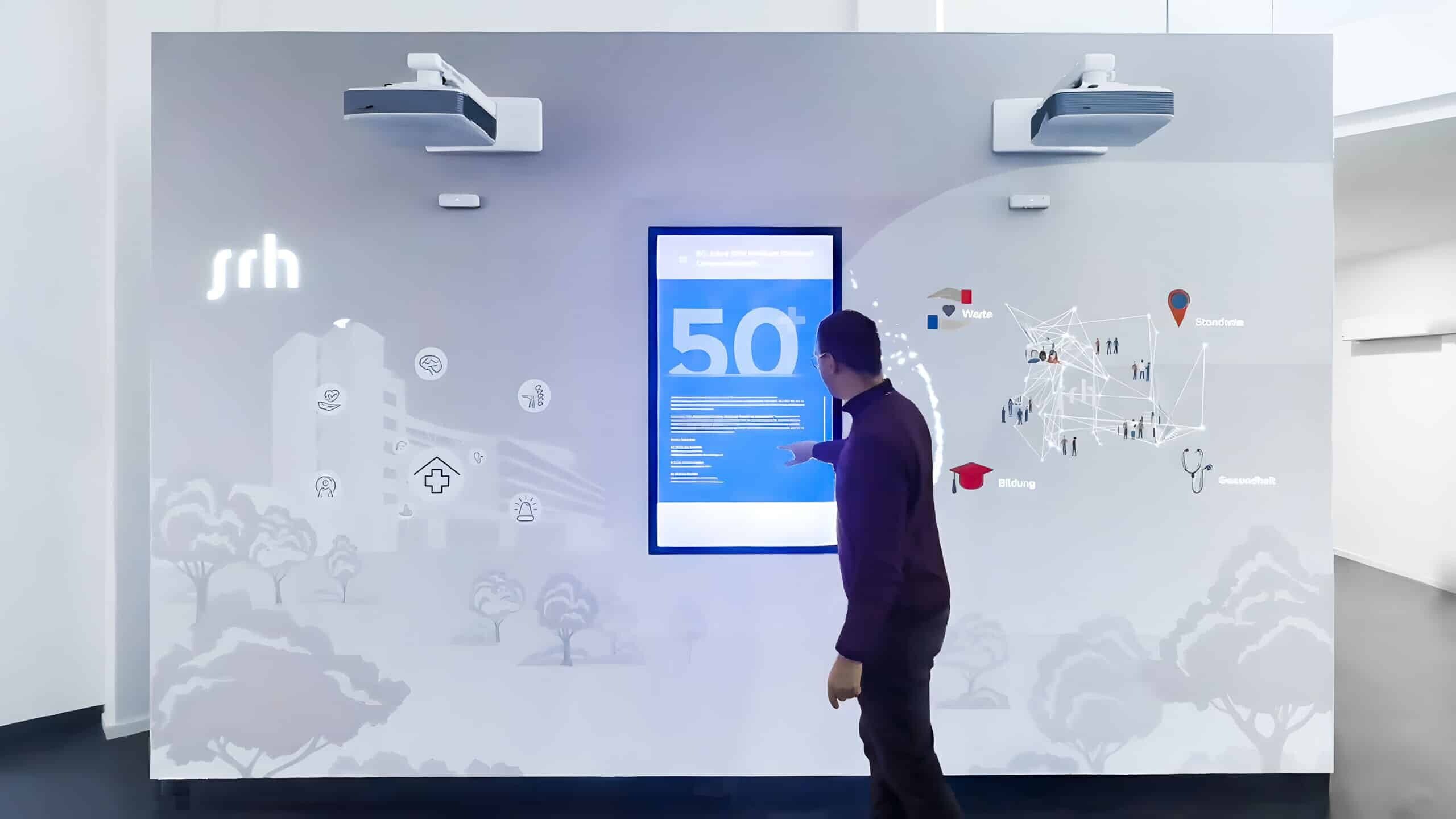 Interactive exhibition wall with projection mapping and touchscreen