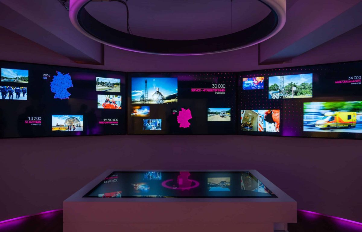 B2B Erlebnis Showroom für Unternehmen mit Bildschirmwand und Multitouch-Tisch